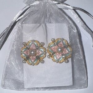 Elegant Gold & Pink Floral Pearl Statement Earrings | Vintage-Inspired